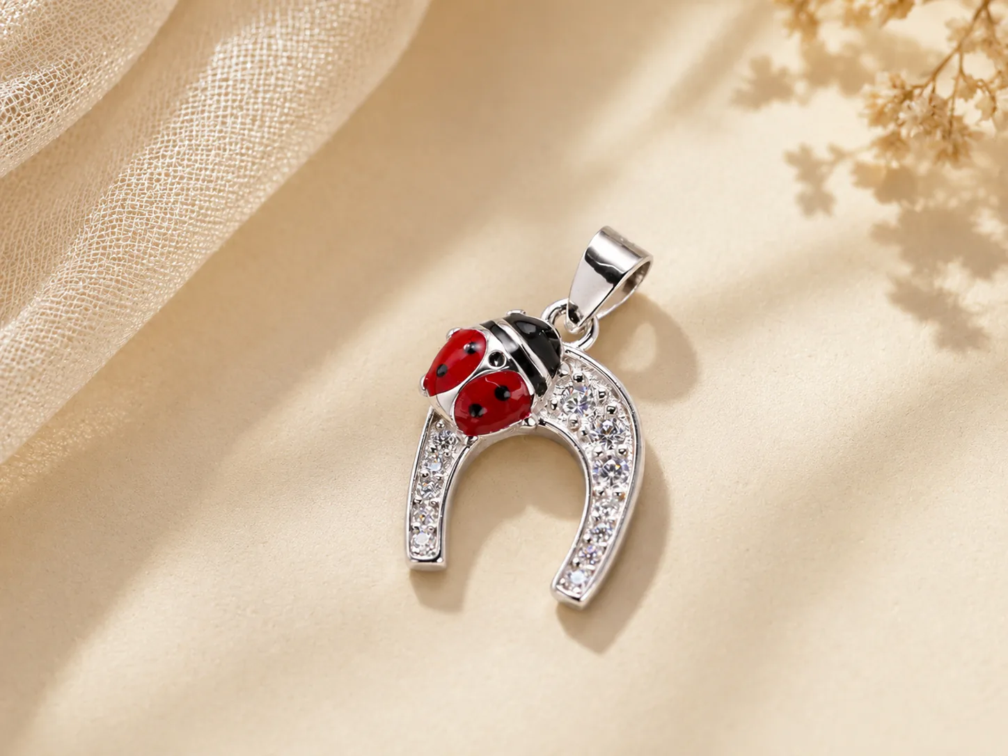 Red enamel ladybug horseshoe silver pendant
