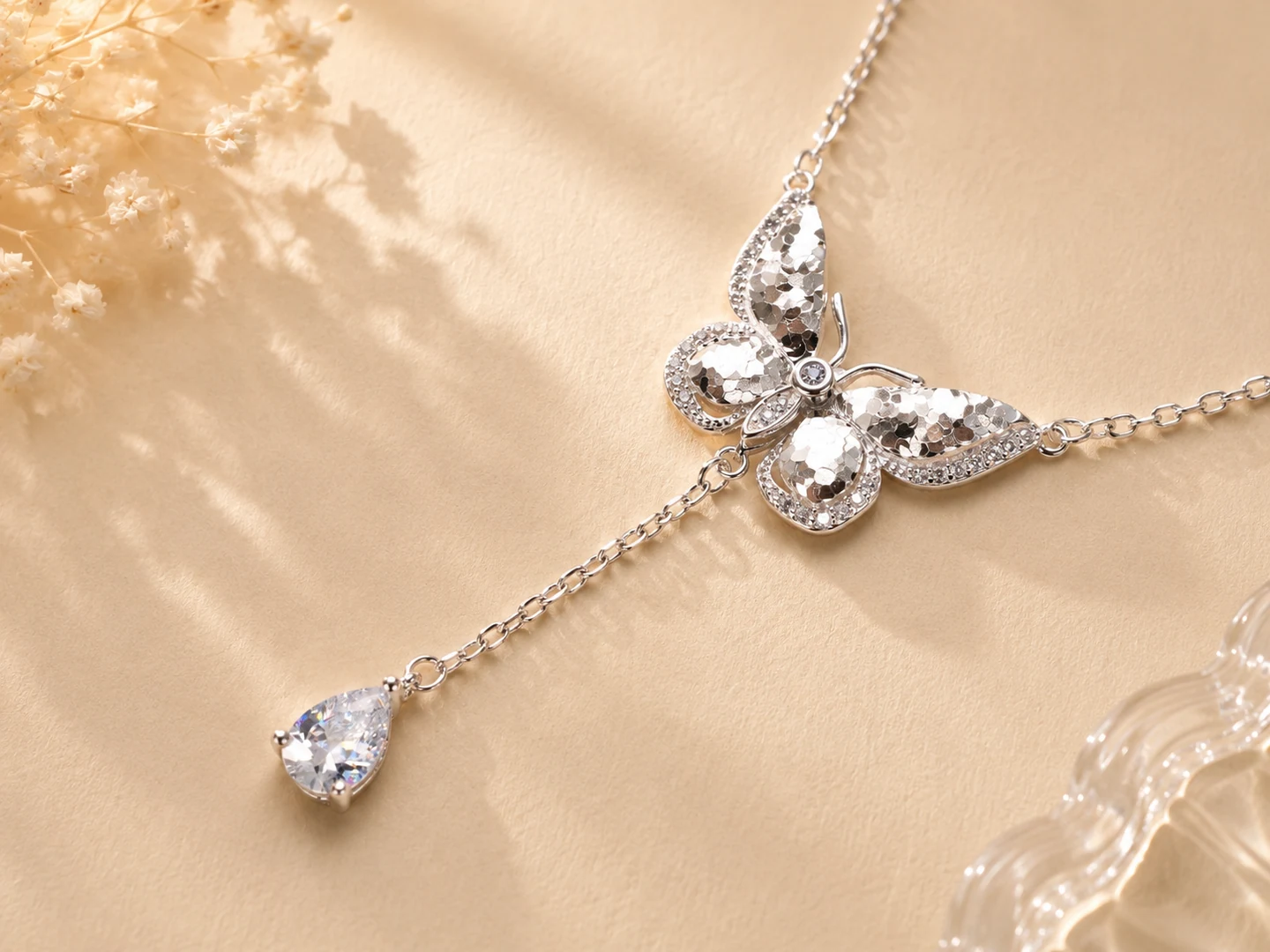 Butterfly drop silver necklace reference style