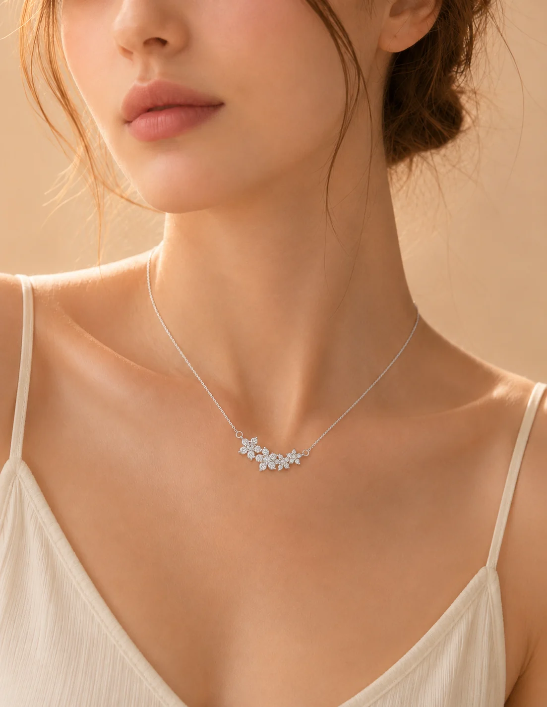 Model wearing a delicate silver floral necklace