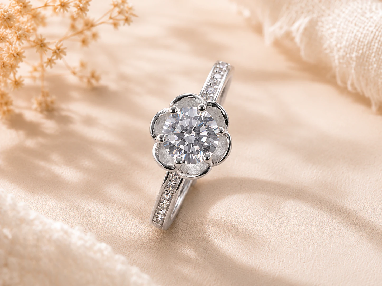 Silver floral solitaire ring reference style