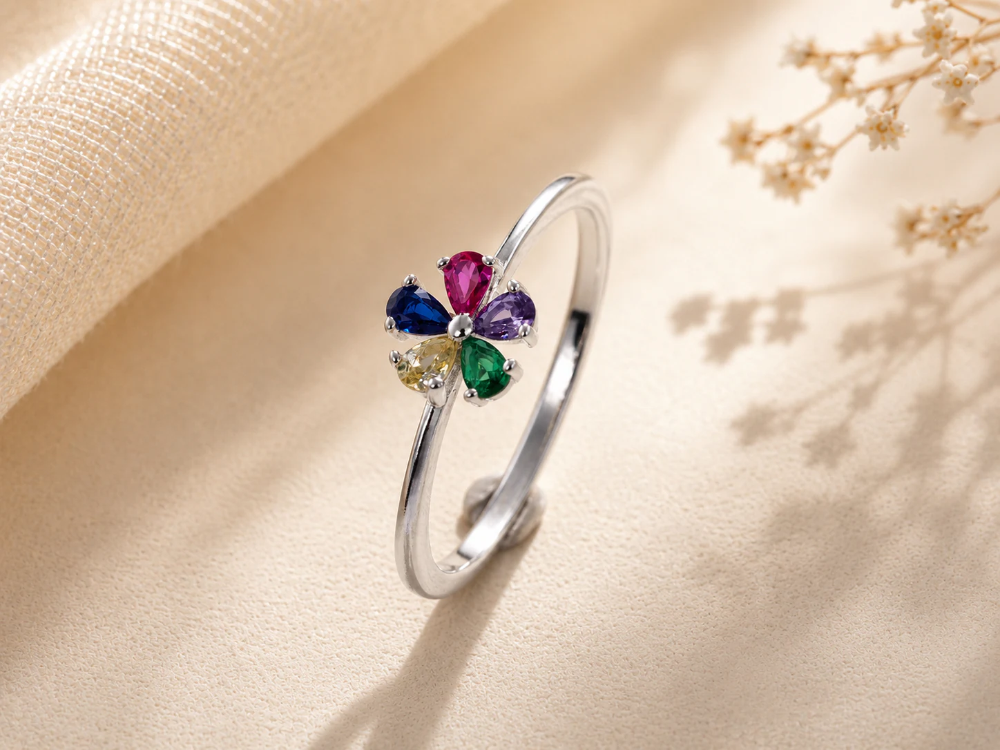 Silver multicolor petal ring reference style