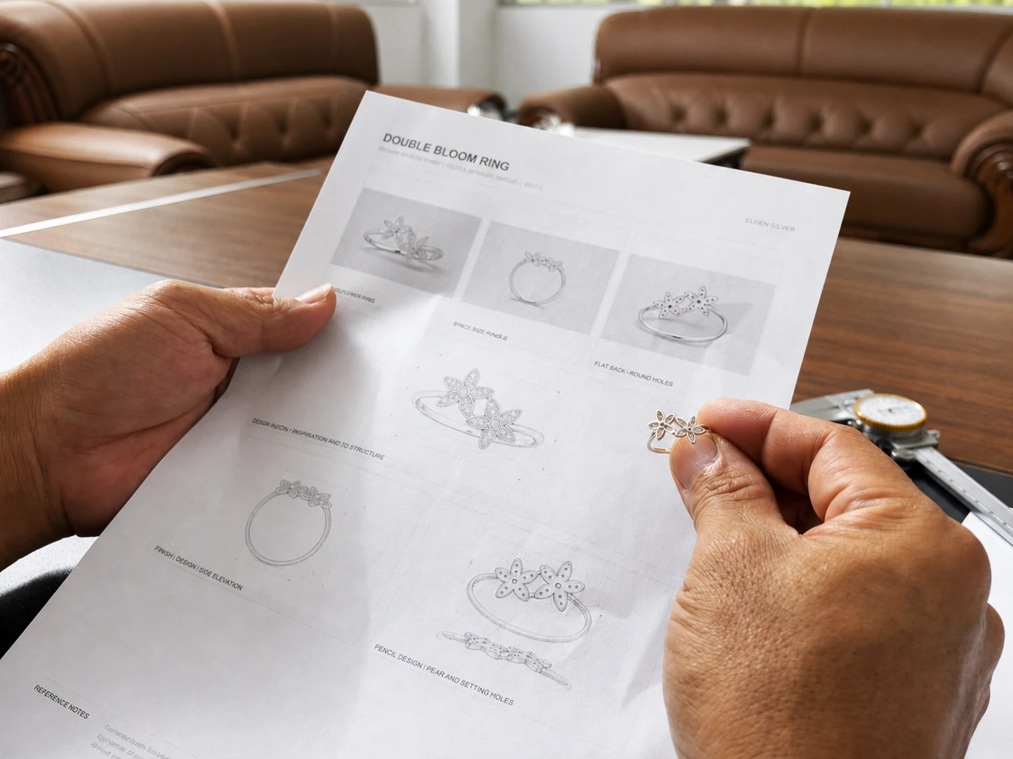 Jewelry designer reviewing a double bloom silver ring sample