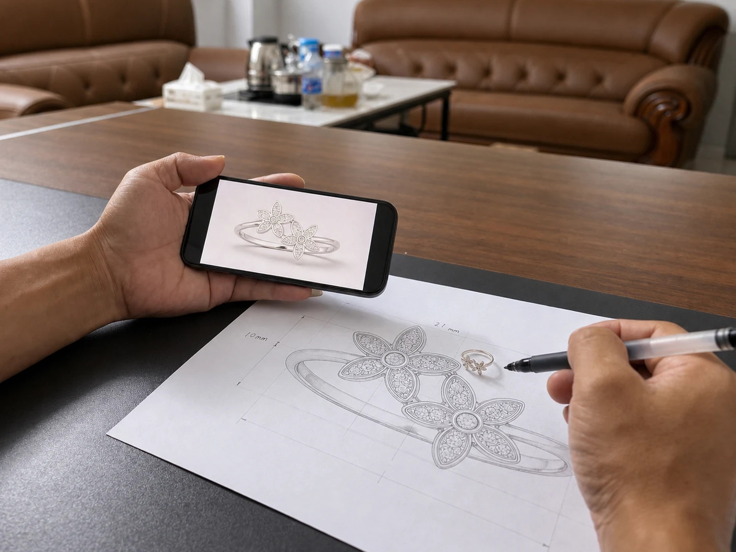 Silver ring design development with sketch and reference image