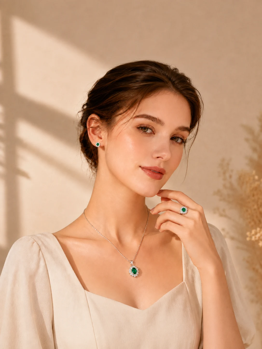 Model wearing coordinated silver earrings, necklace, and ring