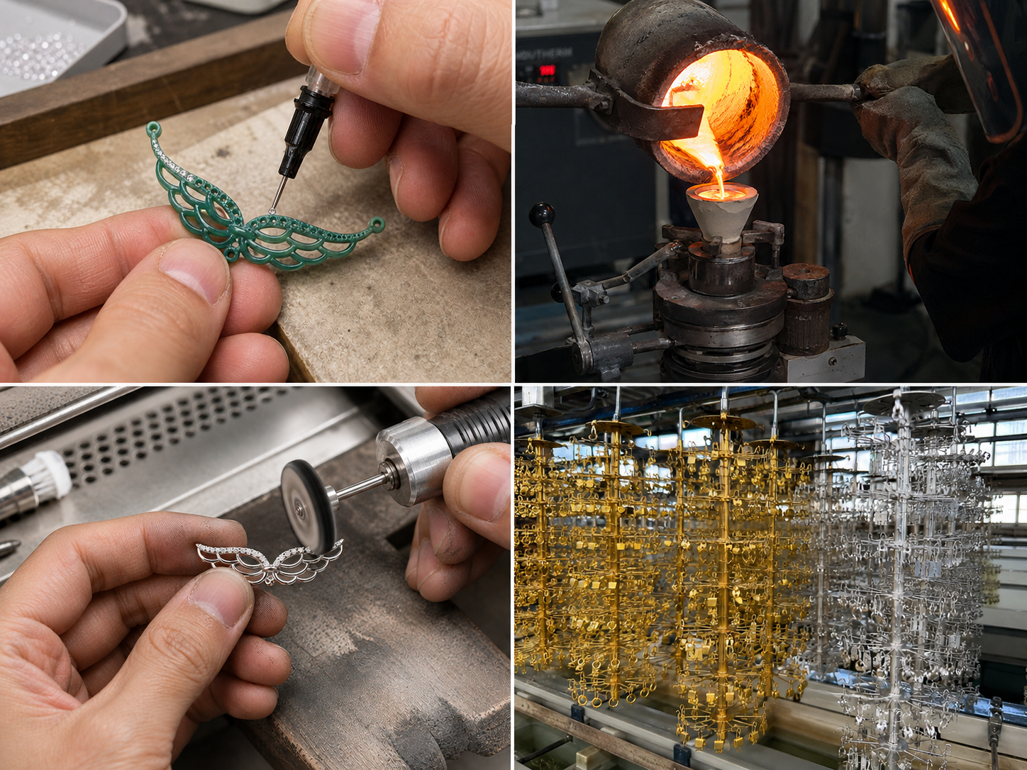Silver jewelry production process from wax preparation to casting, polishing, and plating