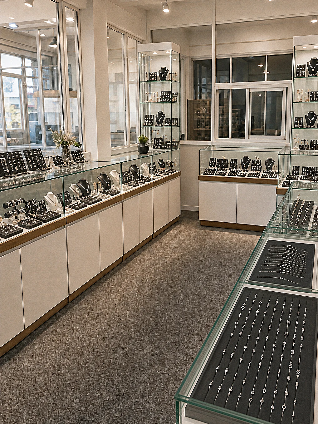 Silver jewelry sample showroom with ring and bracelet displays